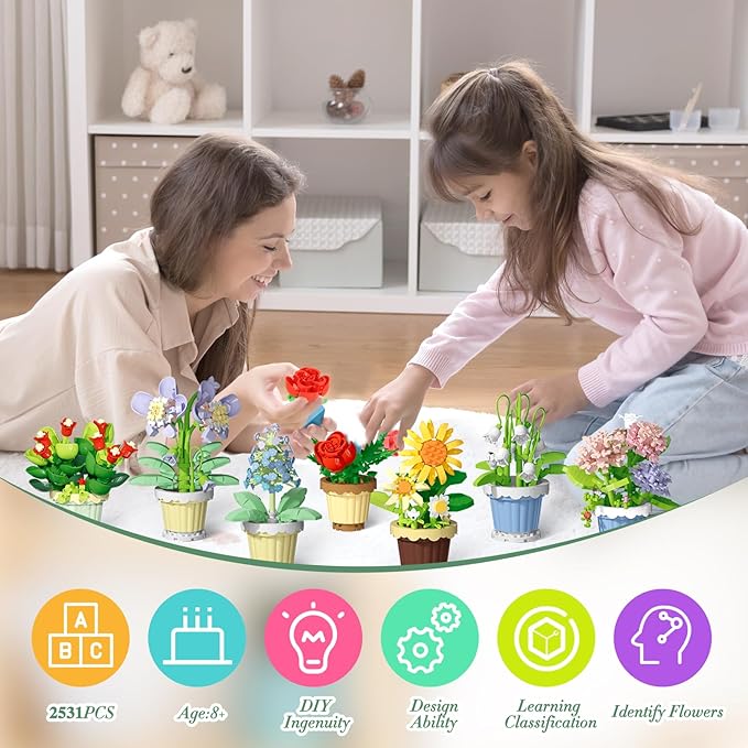 Flowers and Plant Building Set,(2531 Pcs) 12 Kinds Flowers Botanical Bonsai Building Set for Adults, Kids, Girls, Idea Gifts for Mother's Day, Birthdays, Creative Building Block Toys Decor for Home