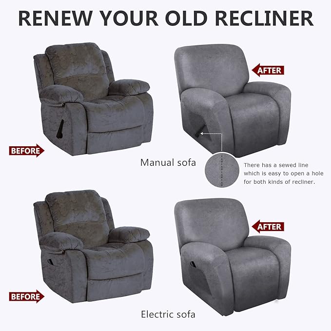 molasofa Recliner Chair Covers - 4 Pieces Leather Like Large Recliner Chair Covers with Pocket Waterproof Non Slip Stretch Recliner Slipcover for Lazy Boy Recliner Chair Washable (Light Grey)