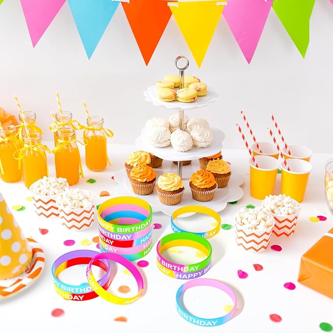 CHRORINE Happy Birthday Rubber Bracelets 12 Styles Silicone Wristbands for Classroom Birthday Party Favors 24 Pieces