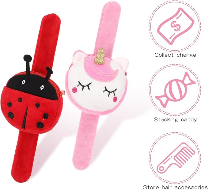 2Pcs Plush Slap Bracelet Coin Purse for Kids - Plush Unicorn Slap Bracelets Cute Animal Design Slap Bracelet Toy