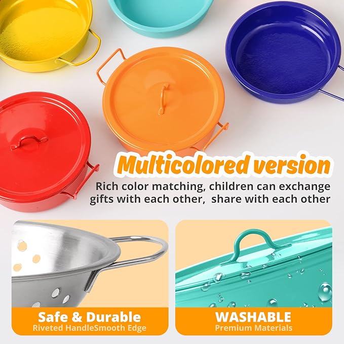 Kids Play Kitchen Toy Accessories Set Toddler Cooking Playset Colorful Stainless Steel Pots and Pans Birthday Gifts for 3+ Girls Boys (Green)