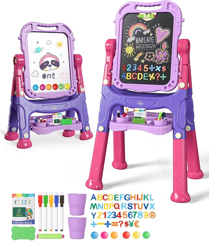 Lehoo Castle Easel for Kids, 4 in 1 Double Sided Kids Art Easel with Magnetic White Board & Chalk Board, Adjustable Standing Toddler Easel with Drawing & Writing Accessories - Gift for Boys and Girls