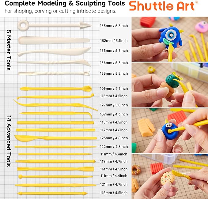Shuttle Art Polymer Clay, 60 Colors Oven Bake Modeling Clay, Creative Clay Kit with 19 Clay Tools and 16 Kinds of Accessories, Non-Toxic, Non-Sticky, Ideal DIY Art Craft Clay Gift for Kids Adults