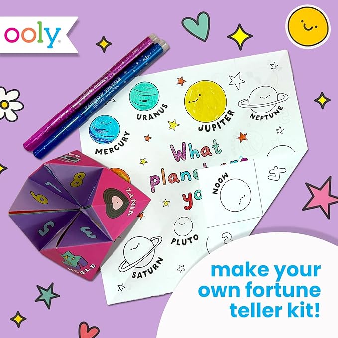 Ooly DIY Paper Kit, 24 Fortune Teller Designs & Stickers, Kit Includes 12 Completed, 6 Blank and 6 Color-in Folding Fortune Teller, Great Summer Arts & Crafts Activities