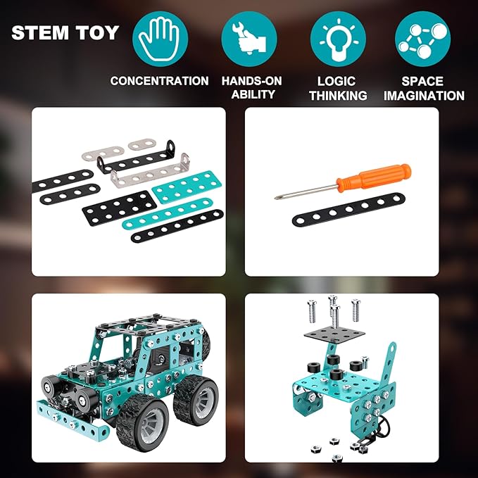 Building Sets Stem Assembly Metal 3-D Puzzle Off-Road Model Car Building Kit Construction Set Toys Parent-Child Interaction Construction Sets Gifts for Kids 8-16 Blue…