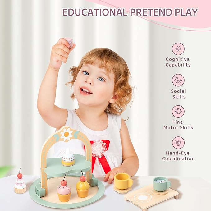 Wooden Tea Party Set,Toddler Tea Set with Cake Stand,Tea Sets for Toddlers 3-5，Pretend Play Tea Set Toy，Non-Toxic Wooden Tea Set for Little Girls Toddler Wood Tea Set Birthday