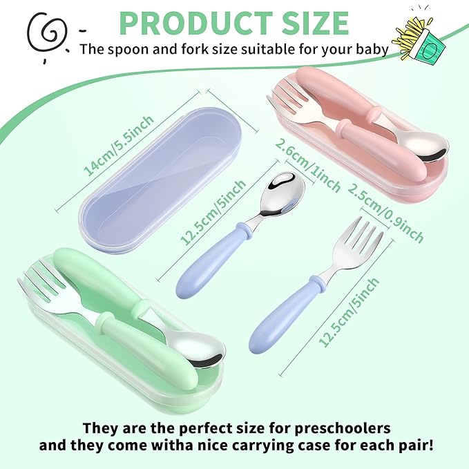 9 Pieces Toddler Utensils Stainless Steel Fork and Spoon Safe Baby Silverware Set, Kid Safe Utensils Children's Flatware Kids Cutlery Set with Round Handle for LunchBox (Blue, Green, Pink)