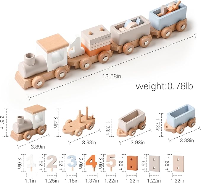 Wooden Train Set for Toddler Toys 14pcs Montessori Train Toy Set for Baby 3-5 Years Wooden Train Cars with 1 2 3 4 5 Numbers & Blocks Birthday Gift for Boys Girls