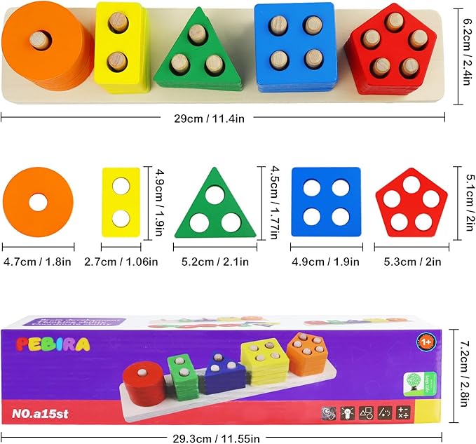 PEBIRA Montessori Toys for 1 to 3-Year-Old Boys Girls Toddlers, Wooden Sorting & Stacking Toys for Toddlers and Kids Preschool, Educational Toys, Color Recognition Shape Sorter, Learning Puzzles Gift