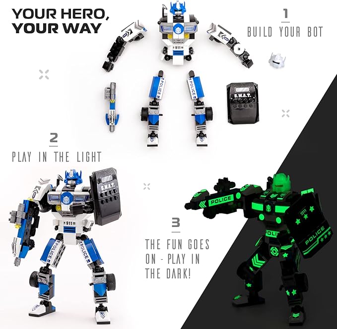JITTERYGIT Robot Police Mech Glow in The Dark Toy Cop Gift, SWAT Action Figure Buildable STEM Building Superheroes Soldier - Cool Present for Boys, Girls, Kids, Children Ages 6 7 8 9 10 Year Olds