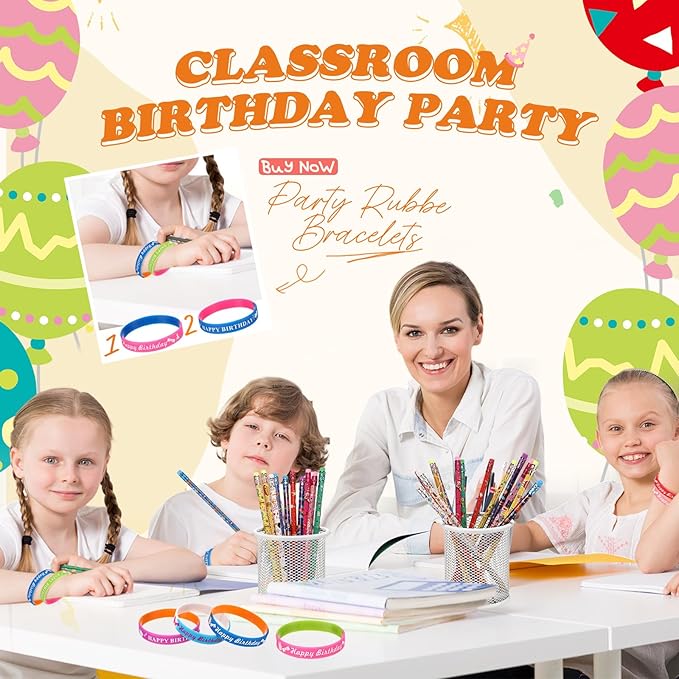 Sabary 48 Pcs Happy Birthday Pencils Rubber Bracelets Set Birthday Party Favors Birthday Pencils Silicone Wristbands Birthday Bracelet for Kids Students Teachers Classroom Reward Gifts (Bright Style)