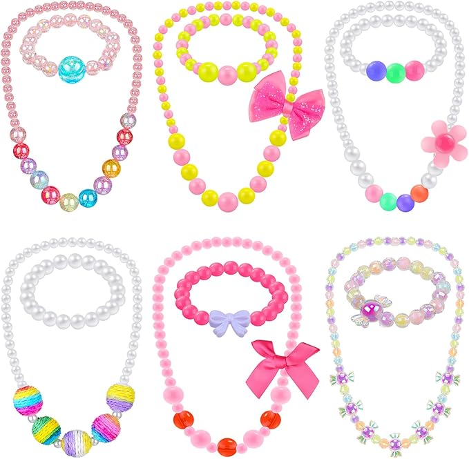 Sumind 6 Sets Play Jewelry for Little Girls Princess Necklace Bracelet Set Includes Kid Beaded Necklace Bracelet for Toddler Christmas Birthday Party Favors Cosplay(Colored Ball, Bowknot Style)