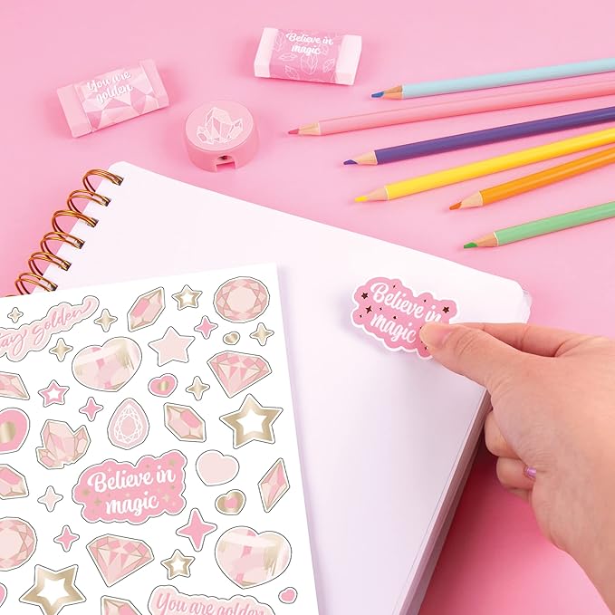 Three Cheers for Girls - Pink & Gold All-In-1 Sketchbook Set - Girls Diary, Journal, Sketch Book for Kids w/ Pencils, Stickers & More - Drawing Kit for Kids - Unlined Diary for Girls - Kids Sketch Pad