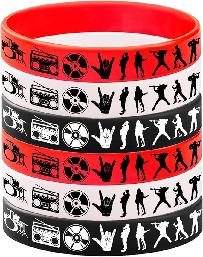 CupaPlay 24PCS Rock and Roll Rubber Bracelets -Rock and Roll Theme Party Supplies Decorations 80s 90s Party Music/Musical Birthday Baby Shower Silicone Wristbands Party Favors