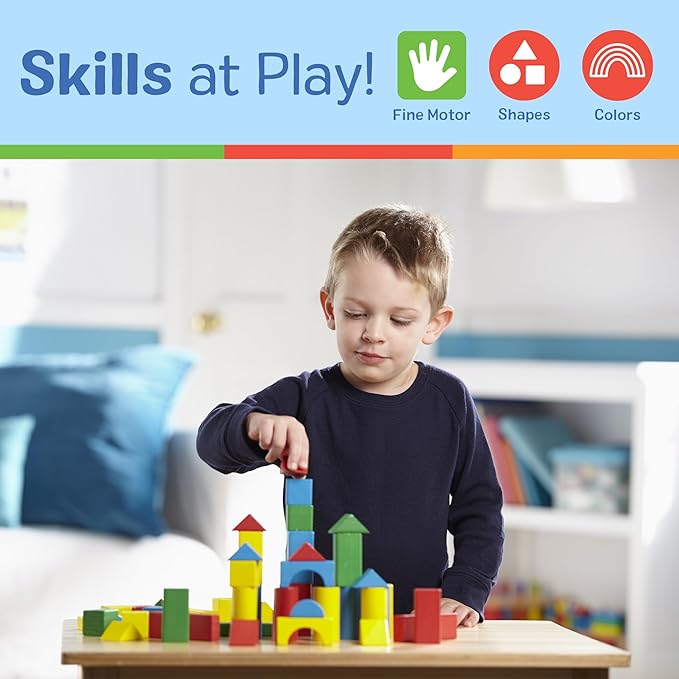 Melissa & Doug Wooden Building Blocks Set - 100 Blocks in 4 Colors and 9 Shapes Classic Kids Toys, Colored Wood For Toddlers Ages 2+ - FSC-Certified