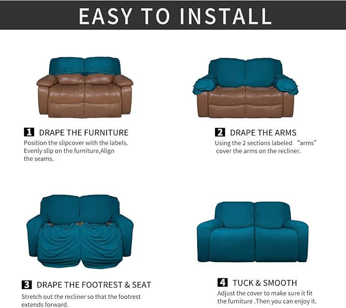 Easy-Going 6 Pieces Microfiber Stretch Sectional Recliner Sofa Slipcover Soft Fitted Fleece 2 Seats Couch Cover Washable Furniture Protector with Elasticity for Kids(Recliner Loveseat, Peacock Blue)
