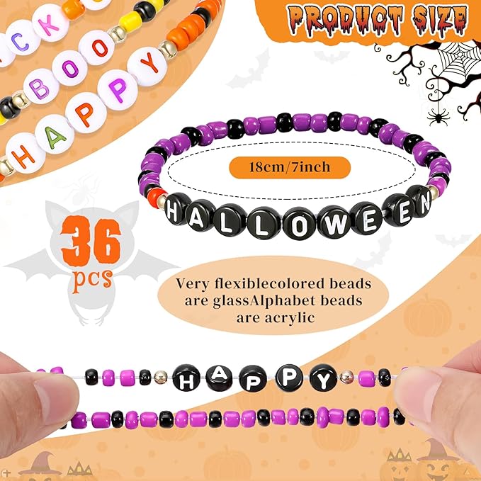 Cunno 36 Pcs Kids Friendship Bracelets for Girls Letter Heart Beads Bracelets Stretchy Cute Bracelet Pretend Play Beaded Bracelets Inspirational Bracelets for Kids (Spooky Style)