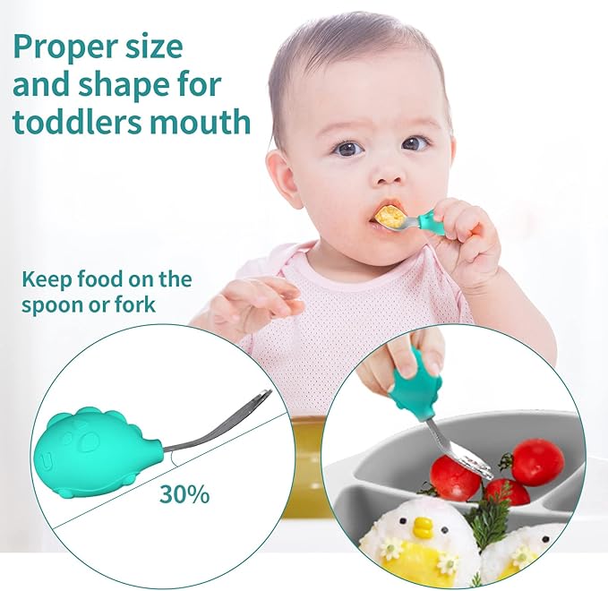 Deejoy Toddler Utensils, Toddler Spoons and Forks, Stainless Steel Spoon Toddler Silverware Set, Kids Silverware Self Feeding Flatware Set with Travel Safe Case for Kids (Green)