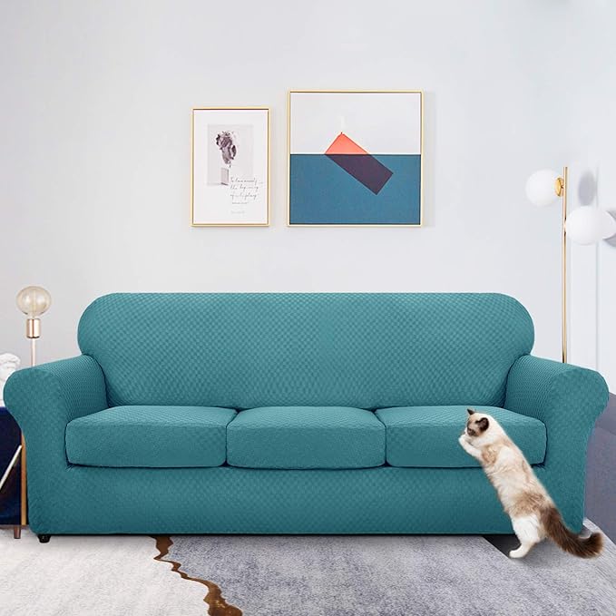MAXIJIN 4 Piece Jacquard Extra Large Couch Covers for 3 Cushion Couch Super Stretch Non Slip Couch Cover for Dogs Pet Friendly Sofa Slipcover Furniture Protector (Oversized Sofa, Peacock Blue)