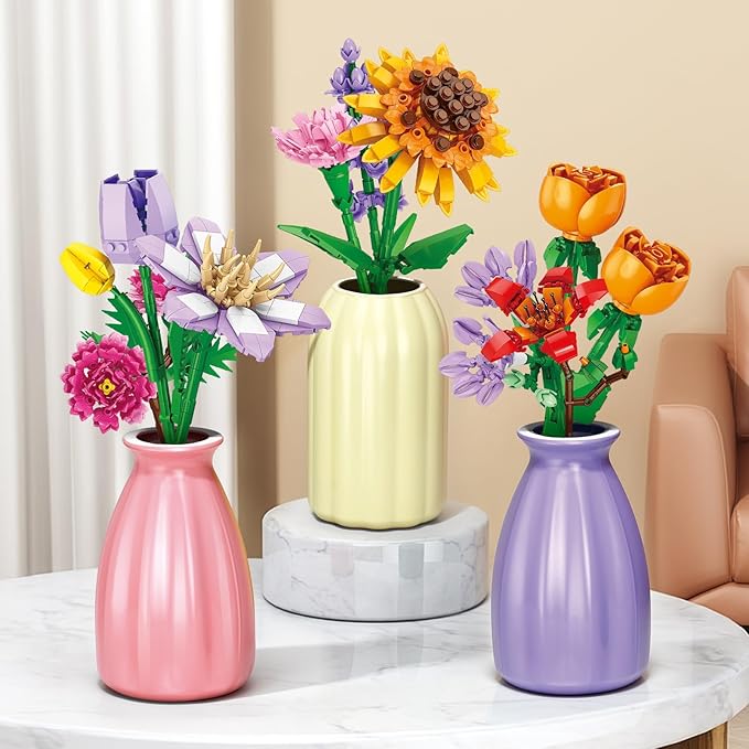 Valentines Day Gifts for Kids Teens, 24 Pack Sunflower Bouquet Building Blocks with Gift Cards for School Classroom, Bulk Boy Girl Kid Valentine Party Favors Exchange Goodie Bag Gifts Stuffers