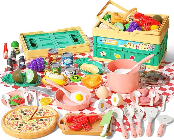 80Pcs Kitchen Playset, Toddler Pretend Cooking with Pots, Pans, Cookware, Food, Picnic Blanket, Fruits, Veges, Shopping Storage Basket, Dessert, Learning Gift for Girls Boys (Pink)