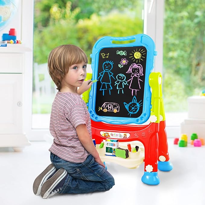 Amagoing Easel for Kids, Adjustable Standing Art Easel for Toddler, Double Magnetic Drawing Board with Painting Accessories, Gift for Little Boys and Girls Age 3 4 5, Blue
