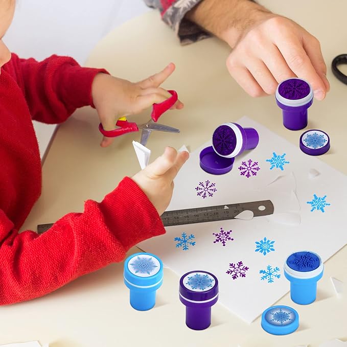 Skylety 60 Pieces Winter Snowflake Stamps for Kids Assorted Colored Frozen Stamps Plastic Snowflake Hand Stampers for Card Making Xmas Holiday Party Favors(Dark Blue, Light Blue)