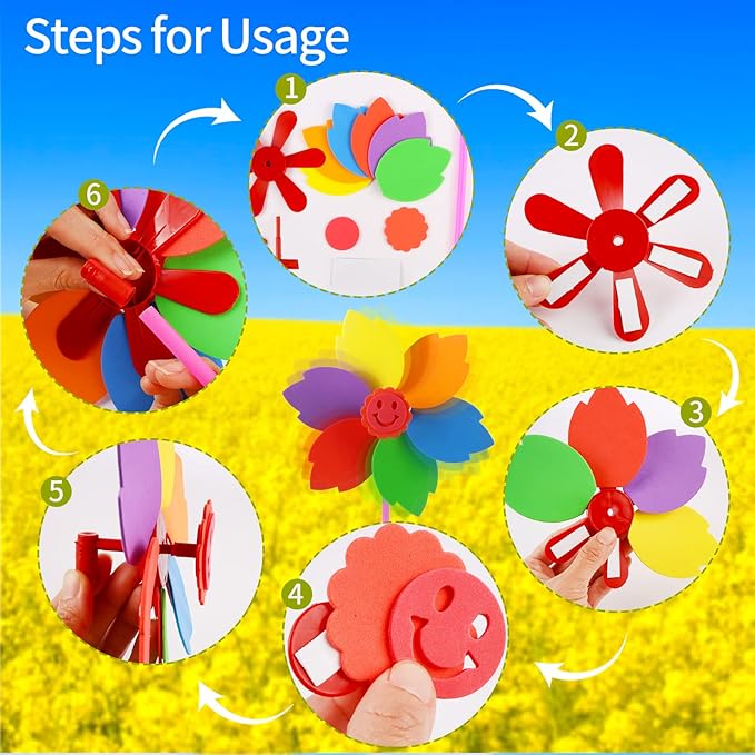 Yohelly 5 Pcs DIY Sticky Mosaic EVA Windmill Art Crafts Early Learning Games Handmade Art Kit for Preschool Toddlers Boys and Girls