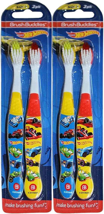 Brush Buddies Hot Wheels Toothbrush Set 4 Toothbrushes Childrens Soft Bristle