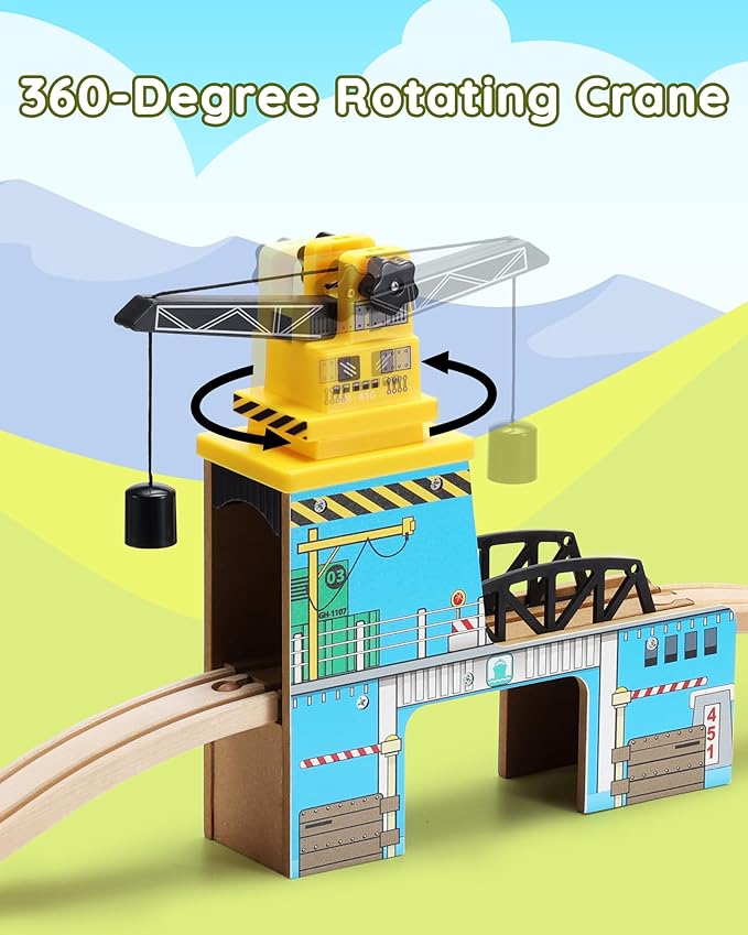 SainSmart Jr. Wooden Train Set Accessories, Magnetic Rotary Crane Set with Track for Kids Compatible with Thomas, Brio, Chuggington, Melissa and Doug