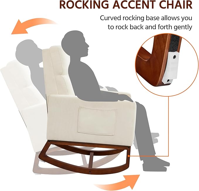Yaheetech Rocking Chair, Modern Glider Chair, Recliner Armchair with Wood Legs and Side Pocket, Nursery Rocking Accent Chair with High Back for Living Room Bedroom, Beige