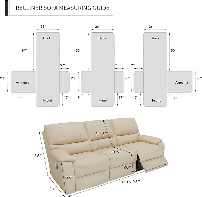 Easy-Going Oversized Recliner Sofa Cover, Reversible Couch Cover for 3 Seat Recliner, Split Sofa Cover for Each Seat with Elastic Straps for Kids, Dogs, Pets (3 Seater, Gray/Gray)