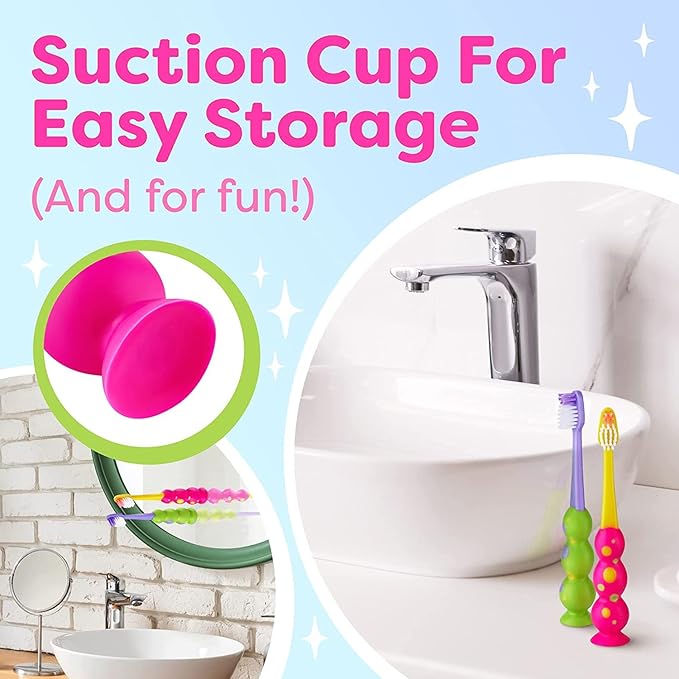 Trueocity Kids Toothbrush 2 Pack - Soft Contoured Bristles - Child Sized Brush Heads (3-10 Year Old) - Suction Cup for Fun & Easy Storage - Girl & Boy Set (2-Pack, Multi-Color)