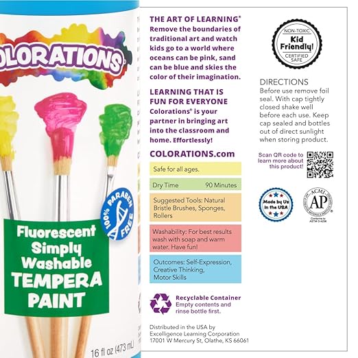 Colorations Washable Tempera Paint, 16 fl oz, Fluorescent Green, Neon, Non Toxic, Vibrant, Bold, Bright, Kids Paint, Craft, Hobby, Fun, Art Supplies FSWTGR