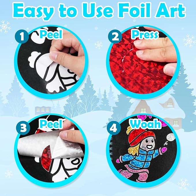 Foil Art Craft Activity for Kids: Fun DIY Toy Sticker Kit, No Mess Creative Travel Supply Set, Idea Birthday Easter Basket Stuffers Valentines Gift for Girl Boy Toddler 4 5 6 7 8 9 Year Old (Winter)