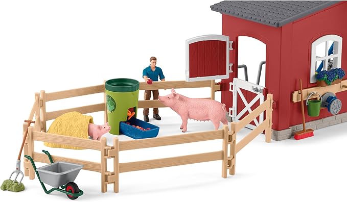 Schleich Farm World Animal Farm Playset with Figurine and Accessories - 92pc Kids Animal Farm Playset with Cow, Horse, Pig, Bull, and Accessories for Boys and Girls, Gift for Kids Age 3+, Red