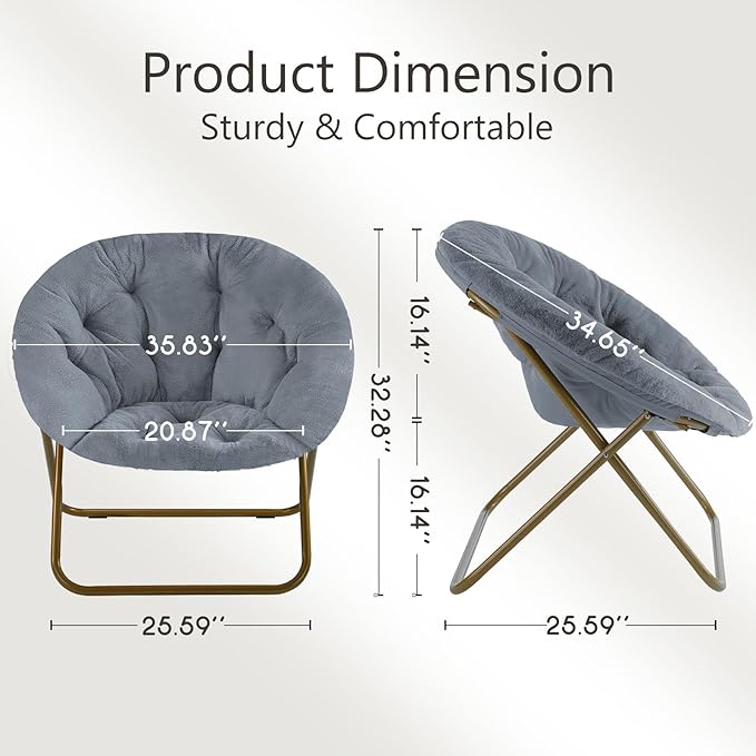 Sweetcrispy Cozy Saucer Chairs Faux Fur Living Room Reading Lounge Furniture Folding Comfy with Soft Thick Padded Seat Metal Frame Modern Style for Bedroom Home Adults, X-Large, Grey