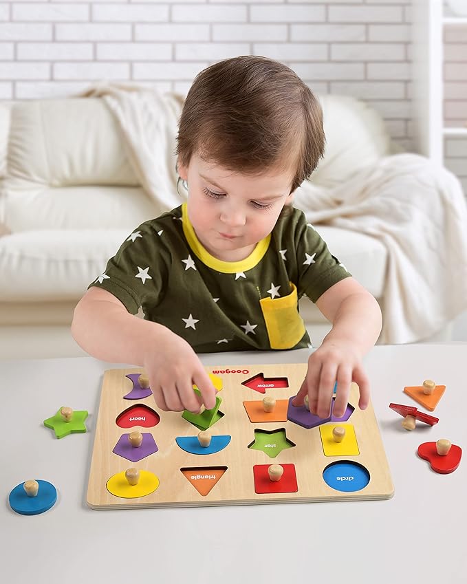 Coogam Montessori Toy Wooden Shape Peg Puzzle, Fine Motor Color Matching Sorting Board, Early Learning Educational Activity Toy Gift for Preschool Toddler Baby 3 4 5 Year Old