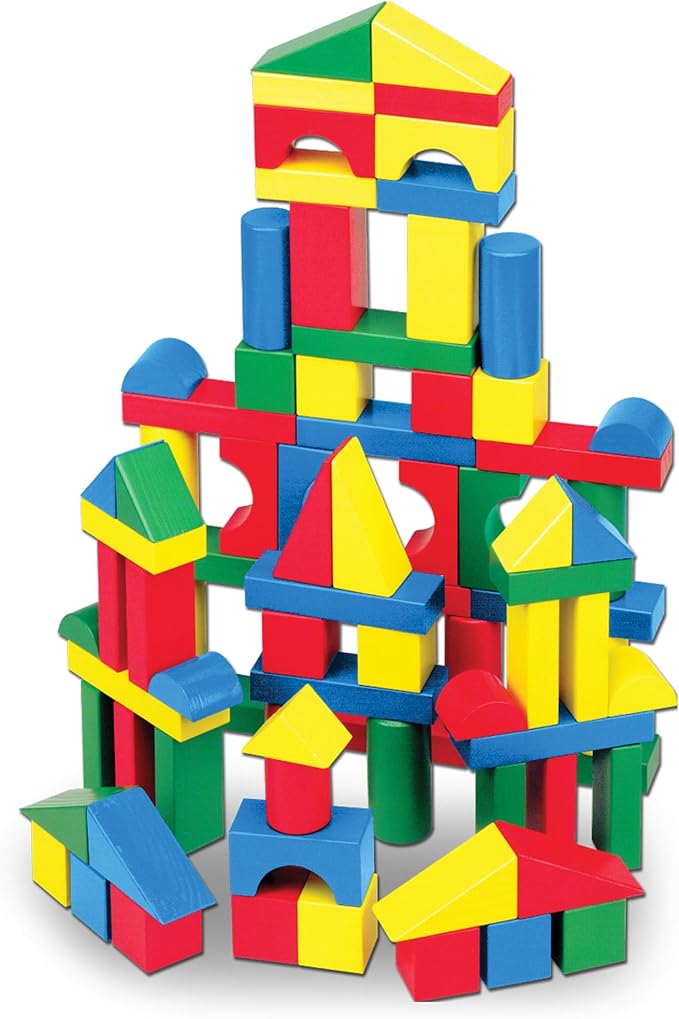 Melissa & Doug Wooden Building Blocks Set - 100 Blocks in 4 Colors and 9 Shapes Classic Kids Toys, Colored Wood For Toddlers Ages 2+ - FSC-Certified