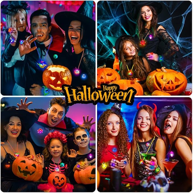 YUJUN 68PCS Halloween Light up Toys,Halloween Party Favors Flashing Ring Bracelets Necklace Glow in The Dark for Kids Halloween Treats Games Prizes Candy Goodie Bag Fillers
