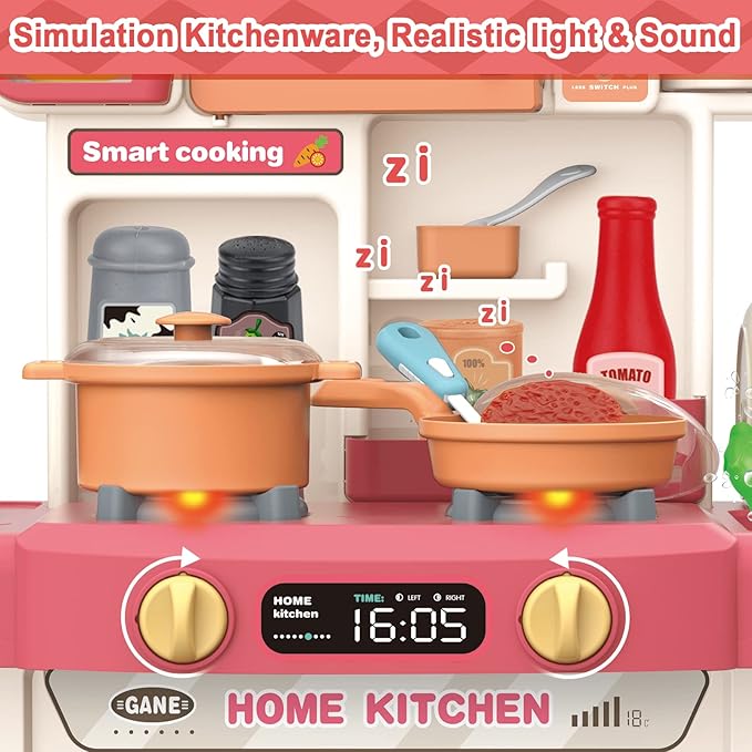 deAO Kids Kitchen Playset Toy with Sounds and Lights, Role Playing Game Pretend Food and Cooking Playset for Kids,35 PCS Kitchen Accessories Set for 3 4 5 Years Old Girls Boys