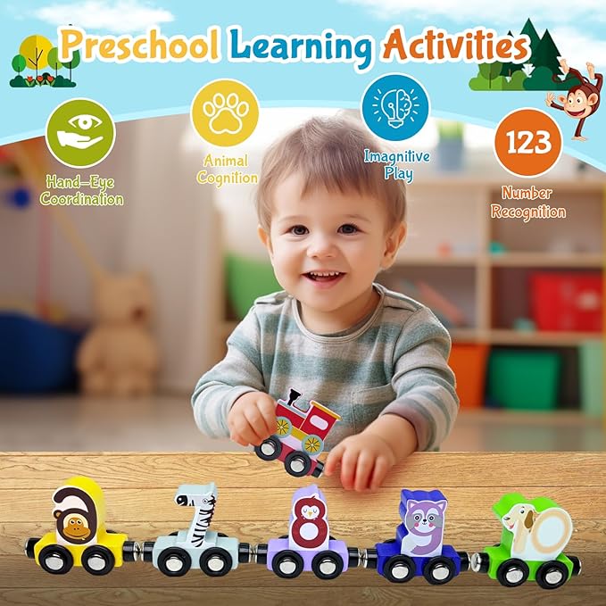 Toddlers Toy for 1 2 3 Years Old Boys Girls, 12 Magnetic Wooden Animal Digital Train Set with Storage Bag，Montessori Toys for 2-3 Years Old Toddlers, Christmas Birthday Easter Gift for Baby Toddlers