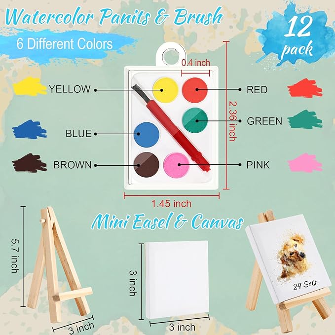 Zhengmy 12 Sets Watercolor Paint Art Party Favors Mini Paint Sets Canvas Tote Bags Goodie Bags 3'' x 3'' Painting Canvas Panel with Wooden Easel Set for Valentine Sip and Paint Party