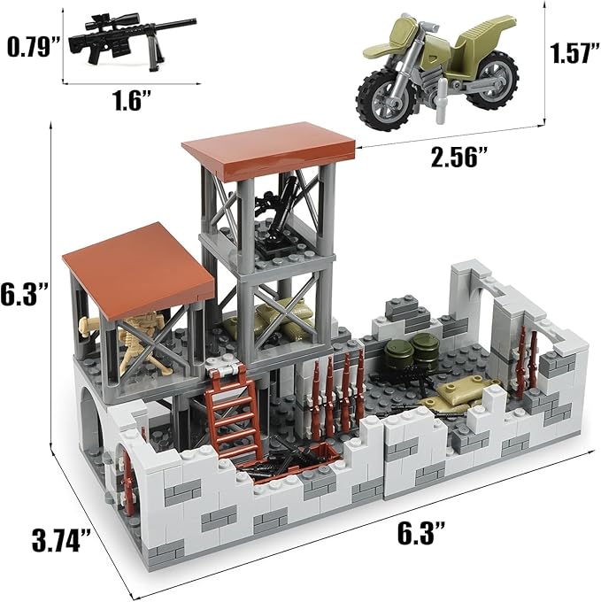 Finger Rock Military Base Building Block Set, WW2 Army Mini War Accessories Kits, Military Ruins Guard Tower Guns Army Supplies Block Toy for Kids 8 10 12 14