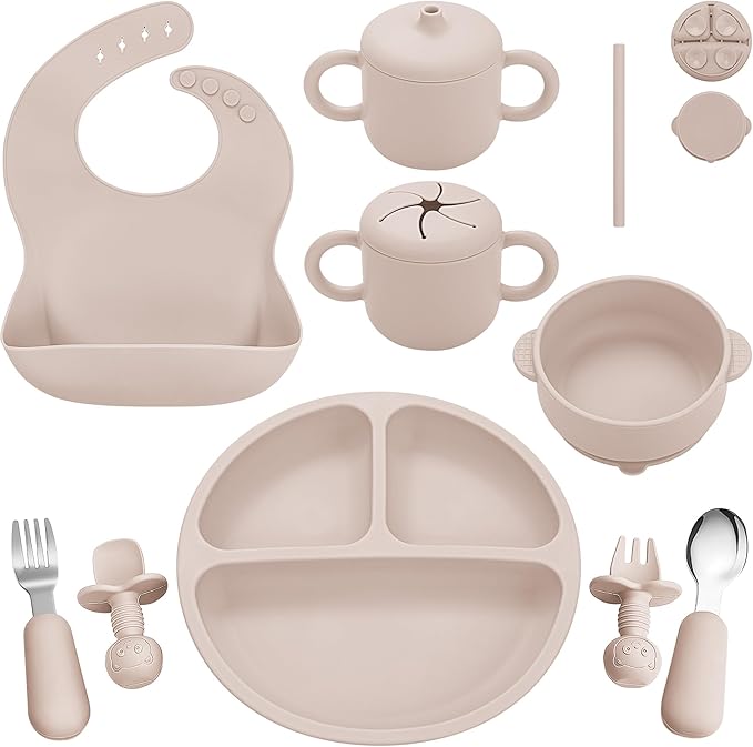 Silicone Baby Feeding Set, Baby Led Weaning Supplies, Eating Essentials Utensils with Suction Plate and Bowl, Pocket Bib, Sippy Cup with Lid, Forks Spoons Snack Container, for 6+ Months, Beige