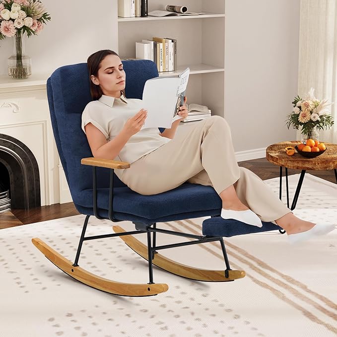 Rocking Chair with Footrest-Glider Rocker Chair with Retractable Footrest and Adjustable Backrest, Teddy Upholstered Rocking Chair, Modern Accent Chair for Living Room/Nursery/Bedroom/Outdoor-Blue