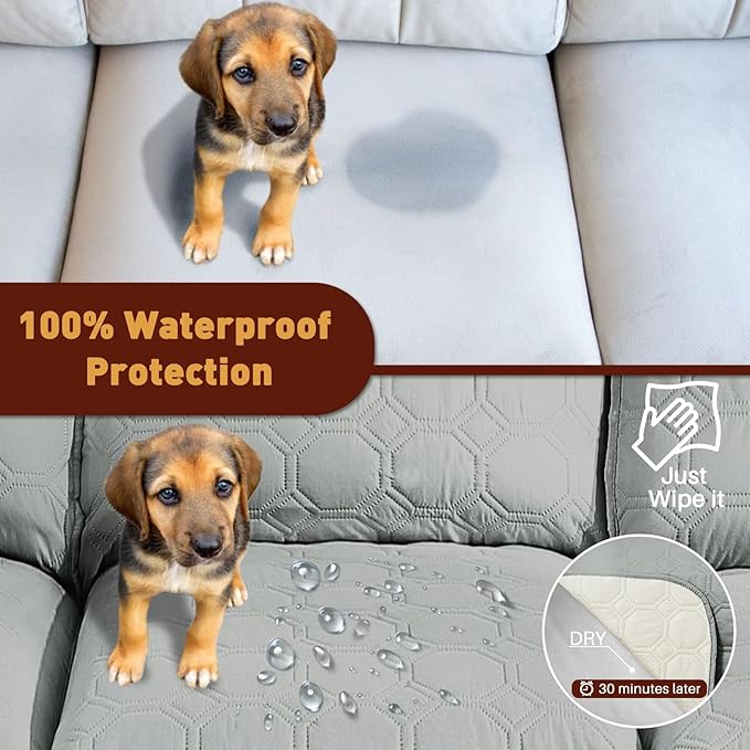 XINEAGE 100% Waterproof Recliner Chair Cover, Non Slip Covers for Recliner Chair with Pocket, Washable Dog Recliner Couch Cover with Elastic Straps (Light Gray, 28")