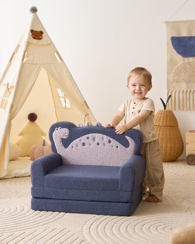 Blissful Diary Kids Couch, 2-in-1 Soft Toddler Couch Fold Out, Toddler Chair Comfy, Convertible Sofa to Lounger with Cute Dinosaur Designs, Blue
