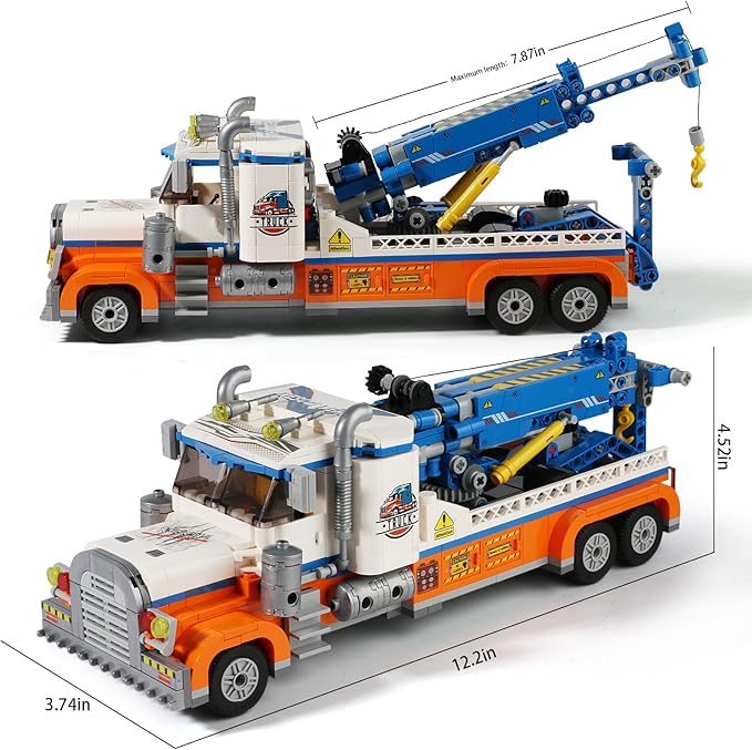 Tow Truck Building Block Set,Road Rescue Vehicle with Crane Toy Model Building Kit,City Crane Construction Vehicles Building KIt,Gifts for Kids Ages 6+