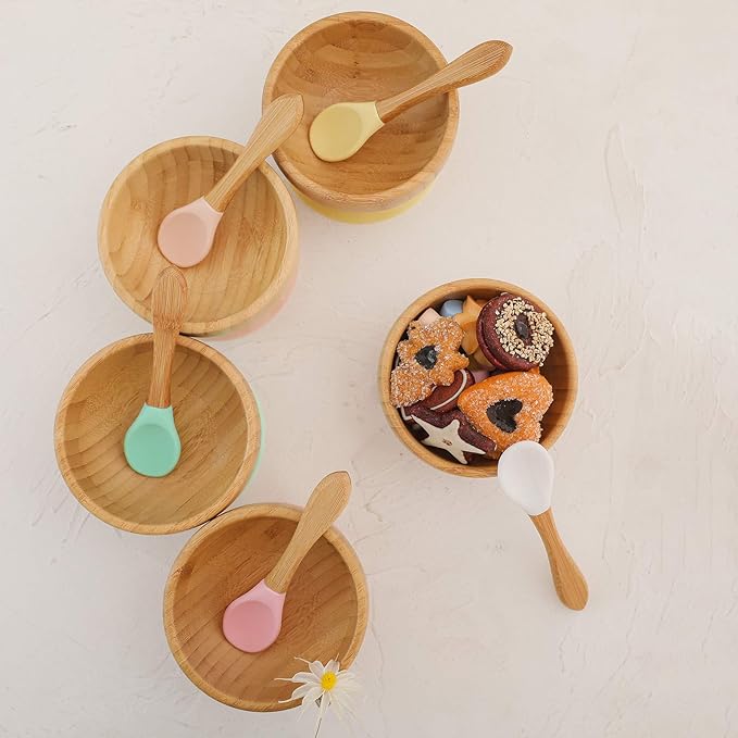 Baby Bowls and Spoons, Baby Bamboo Bowl and Spoon | Silicone Suction | Bamboo Baby Bowls for Baby | Baby Bowls First Stage | Baby Wood Bowls (Cyan-Blue)
